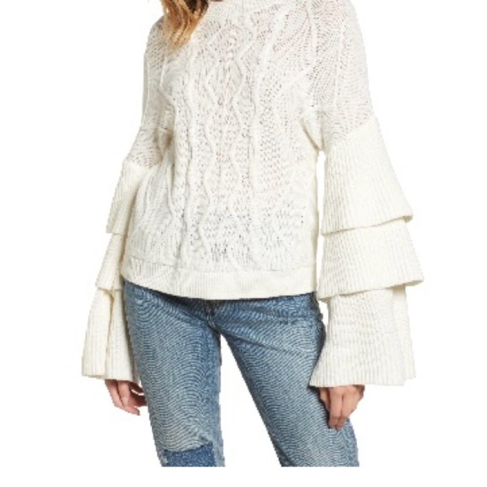 bp White Crew Neck Sweater with Tiered Bell Sleeves